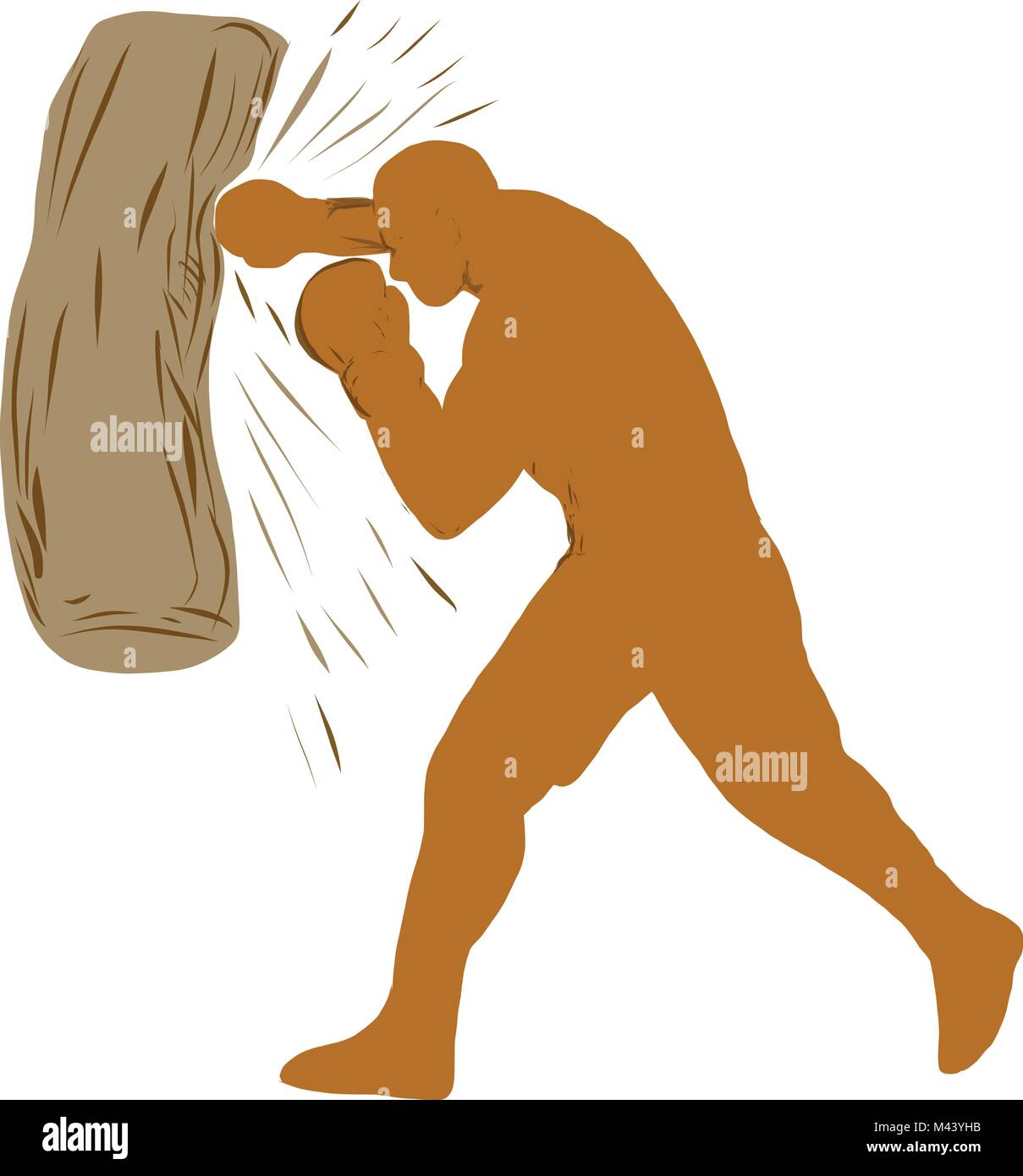 Drawing sketch style illustration of a boxer, pugilist or prize fighter punching a bag viewed from side on isolated background. Stock Vector