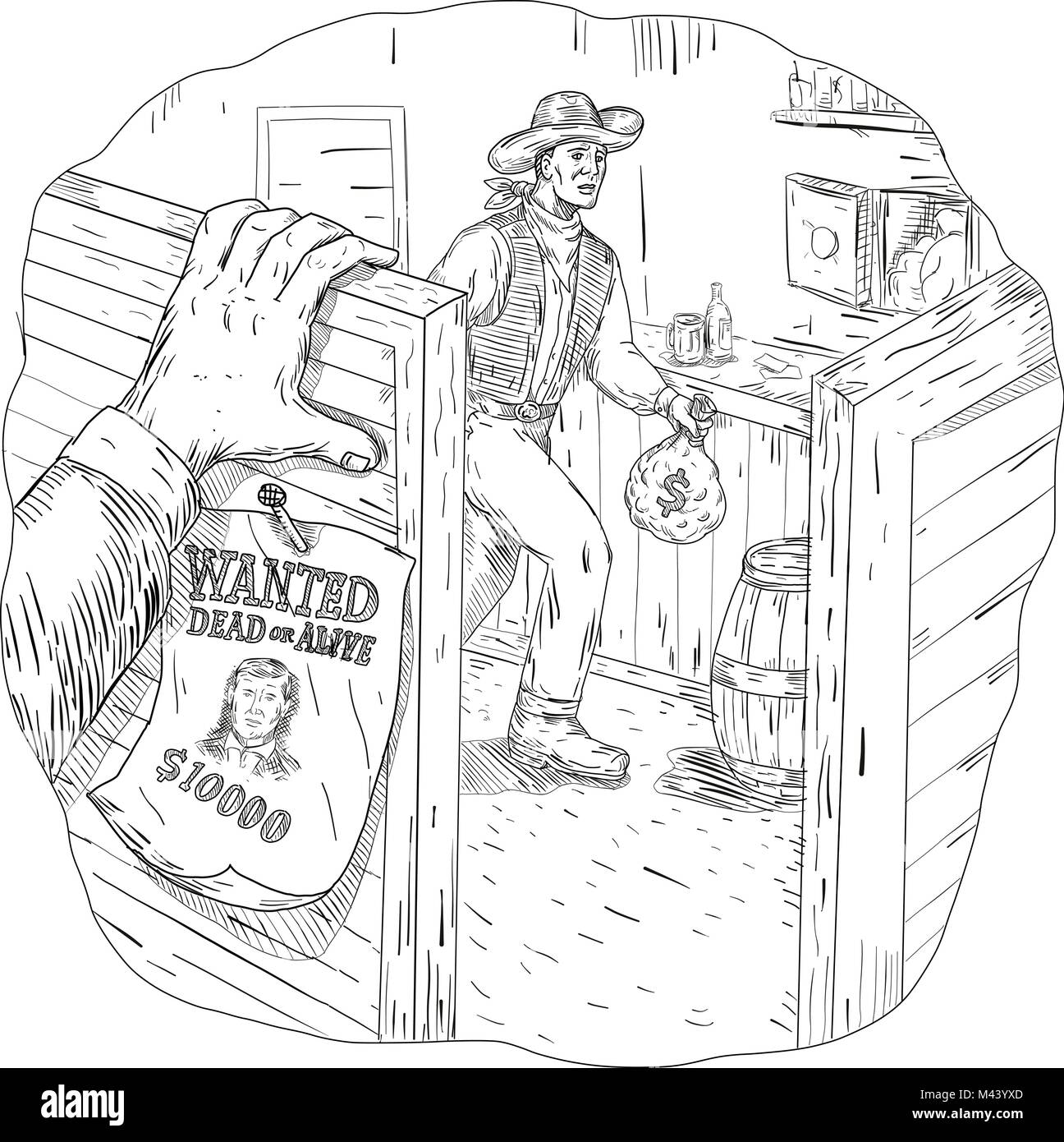Drawing sketch style illustration of a cowboy robber, bandit or outlaw robbing a saloon with wanted sign and hand on swing door done in black and whit Stock Vector