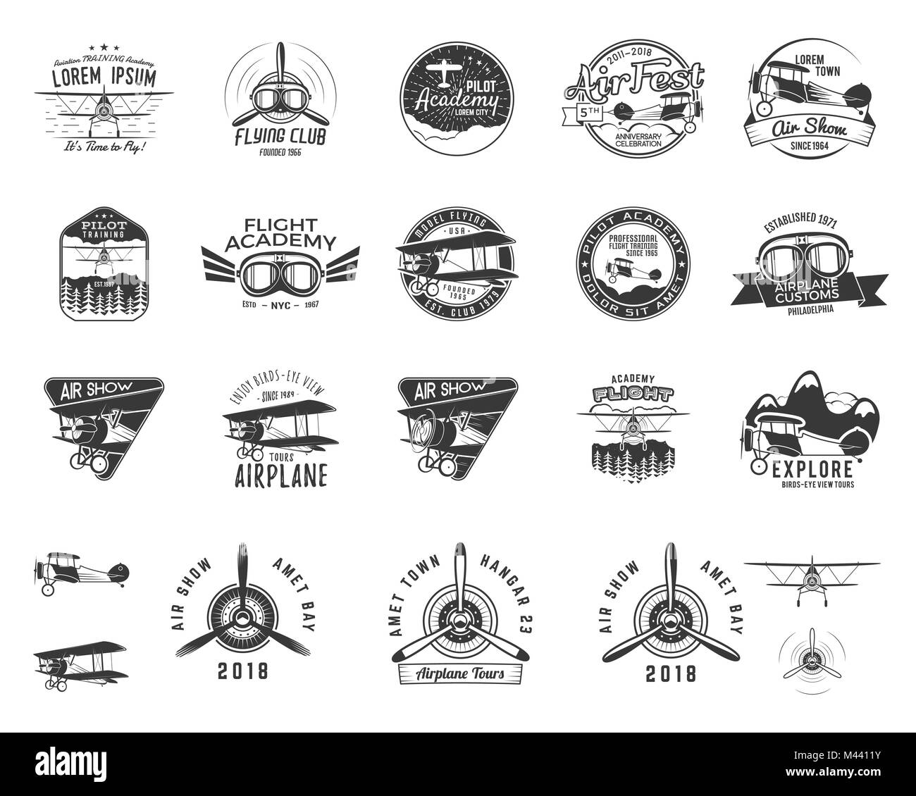 Vintage hand drawn old fly stamps. Travel or business airplane tour emblems. Biplane academy labels. Retro aerial badge isolated. Pilot school logos. Plane tee design, prints, web design. Stock vector Stock Vector