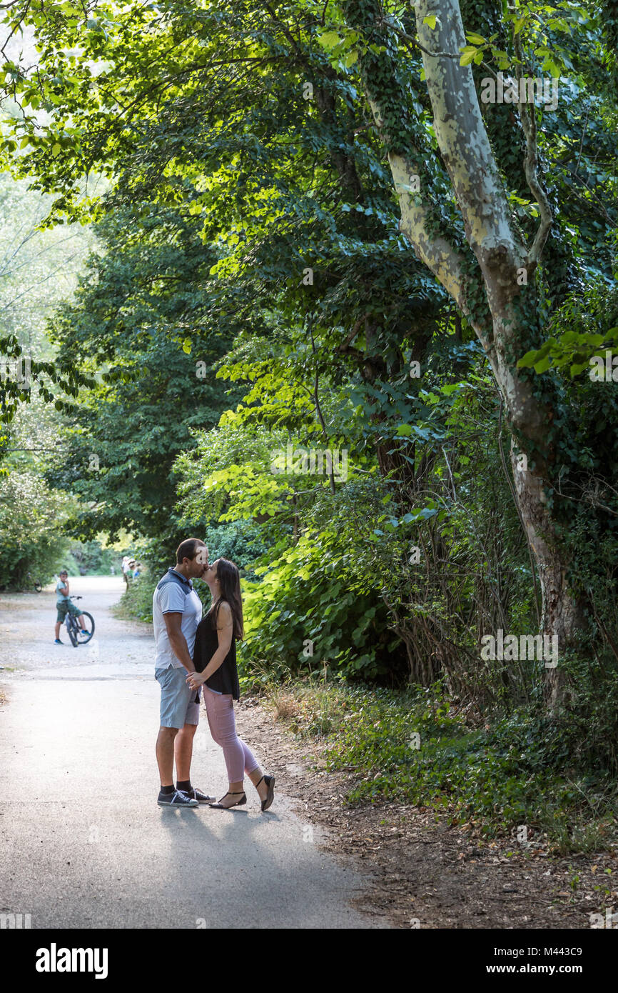 lonely and young couple in love on a trip in a nature reserve. Abruzzo, Italy Stock Photo