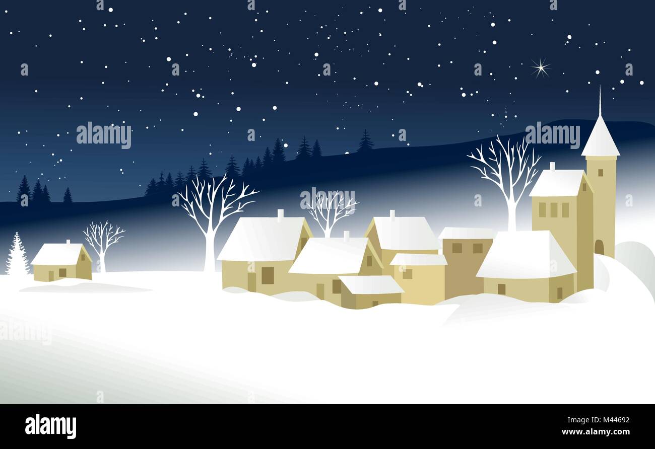 Christmas winter landscape with small village Stock Vector Image & Art ...