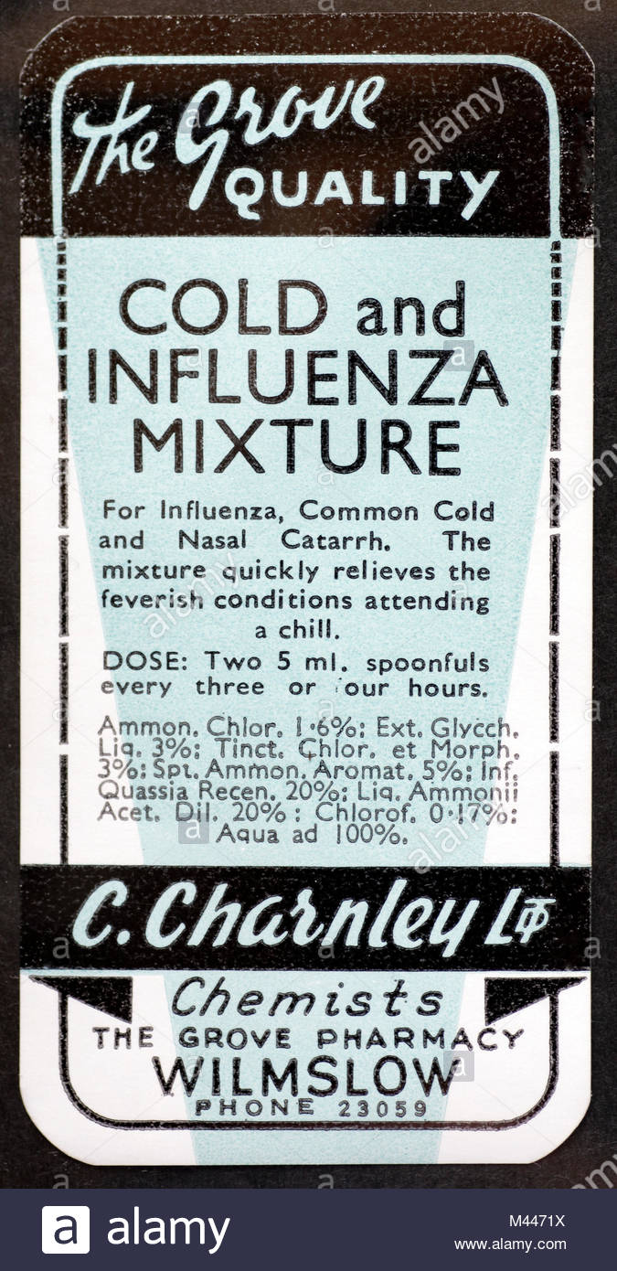 Vintage Chemist labels for Medicine bottles early 1900s - Cold and Influenza Mixture Stock Photo