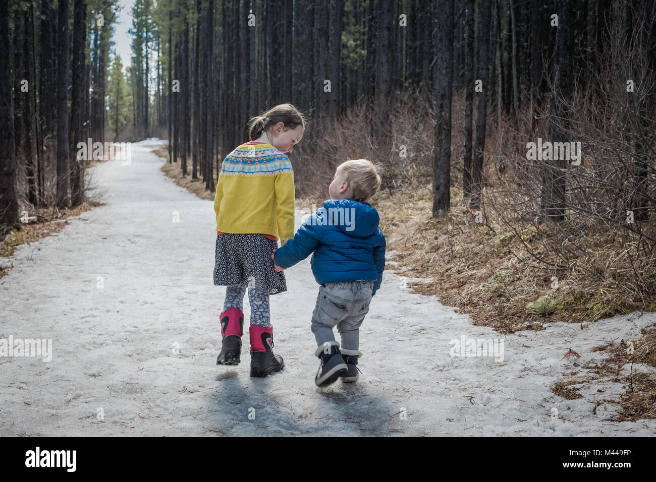 Sister leading little brother, Troll Falls, Canmore, Canada Stock Photo