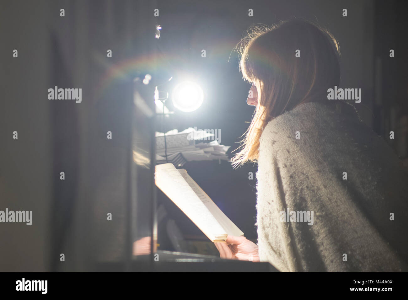 Woman reading at desk by table lamp Stock Photo