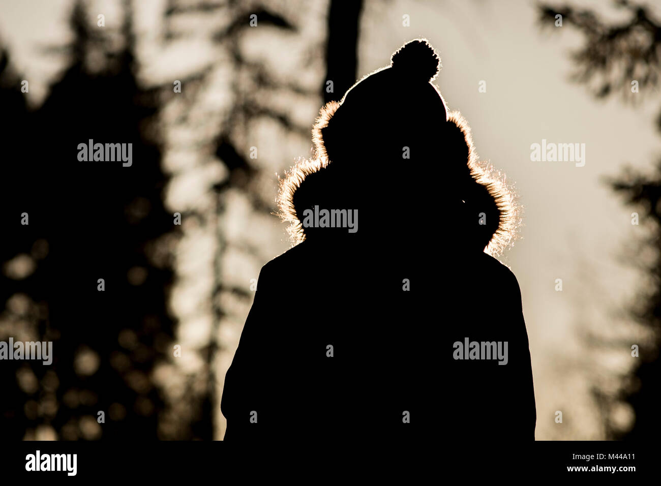 Silhouette of woman in winter coat and hat Stock Photo