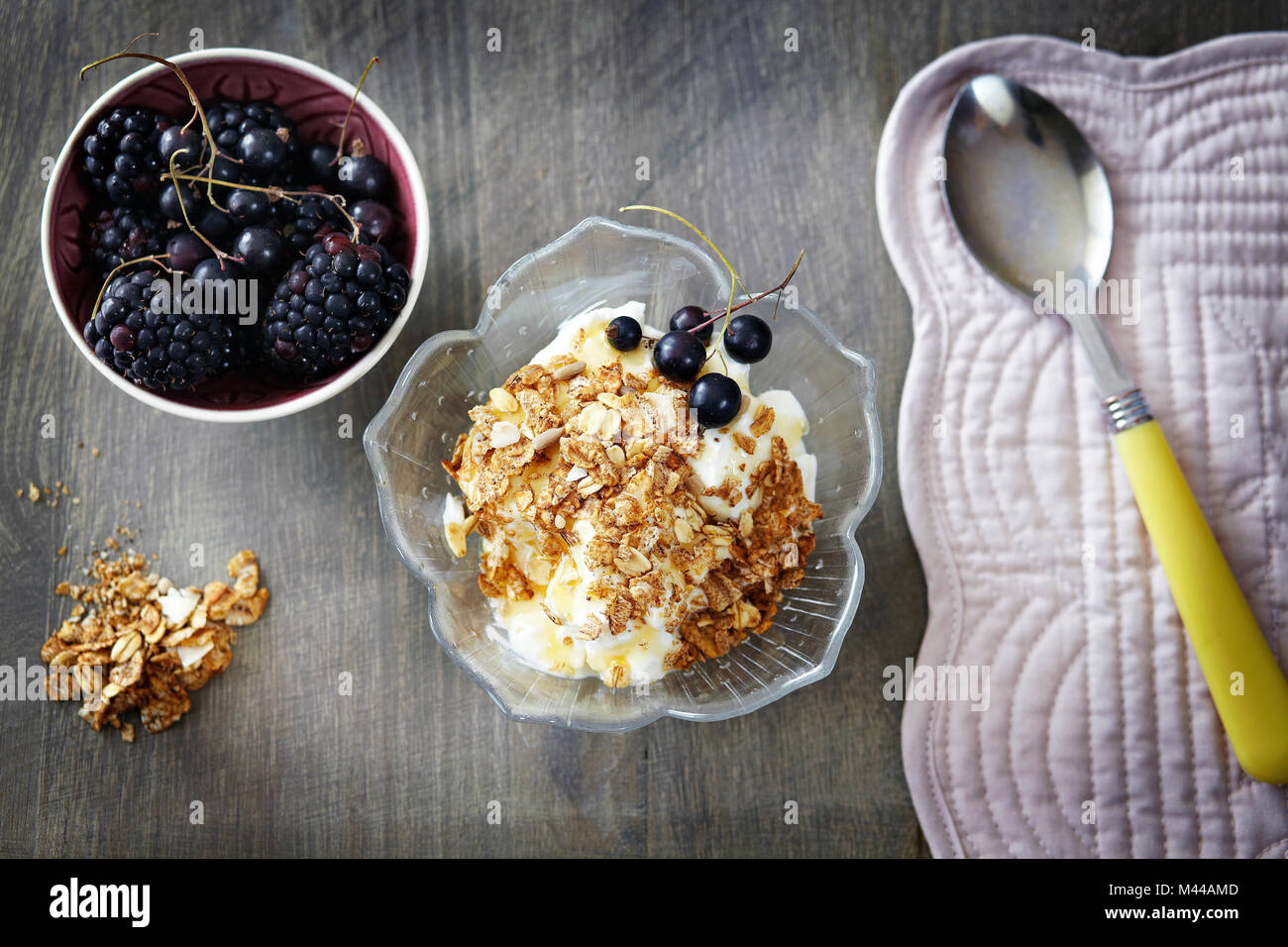 Greek yoghurt with honey and muesli and bowl of berries, overhead view