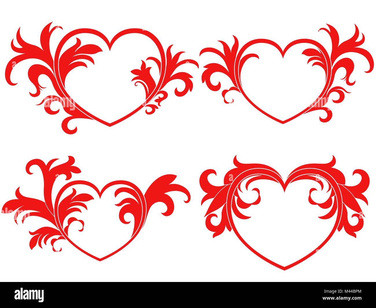 Set of four red Valentine hearts with floral elements, vector pattern ...