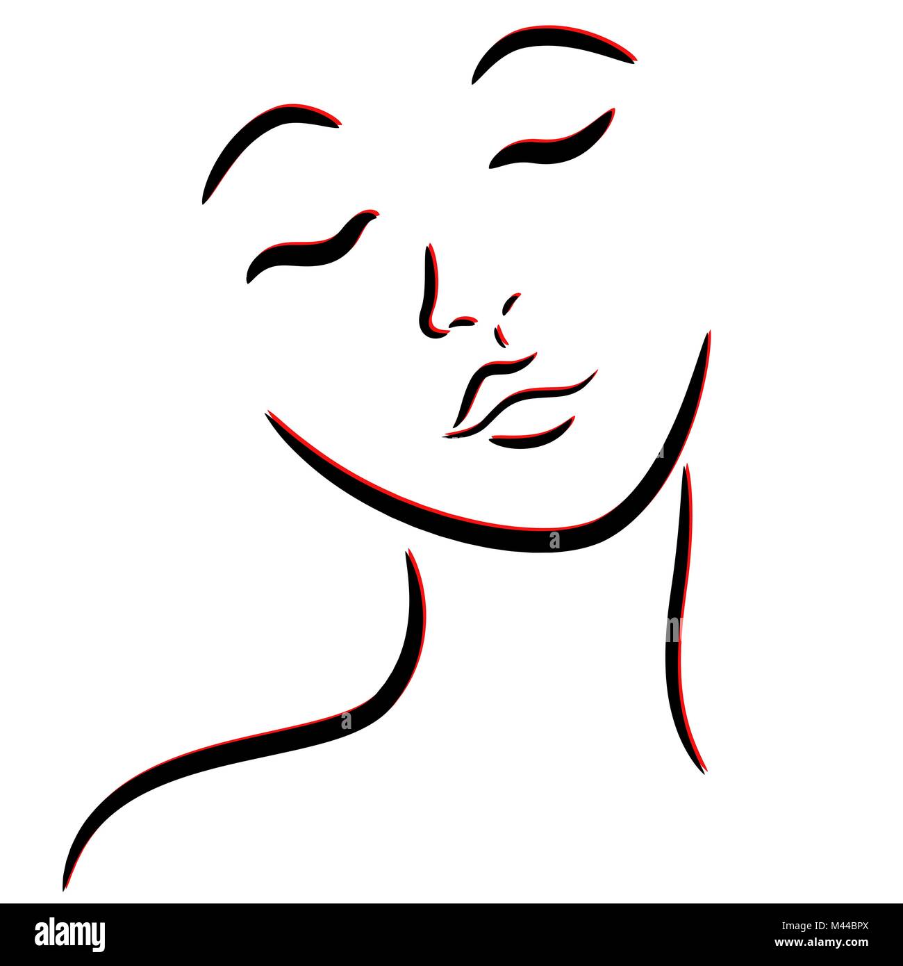 Abstract female face with closed eyes, hand drawing vector outline in black and red colors Stock Vector