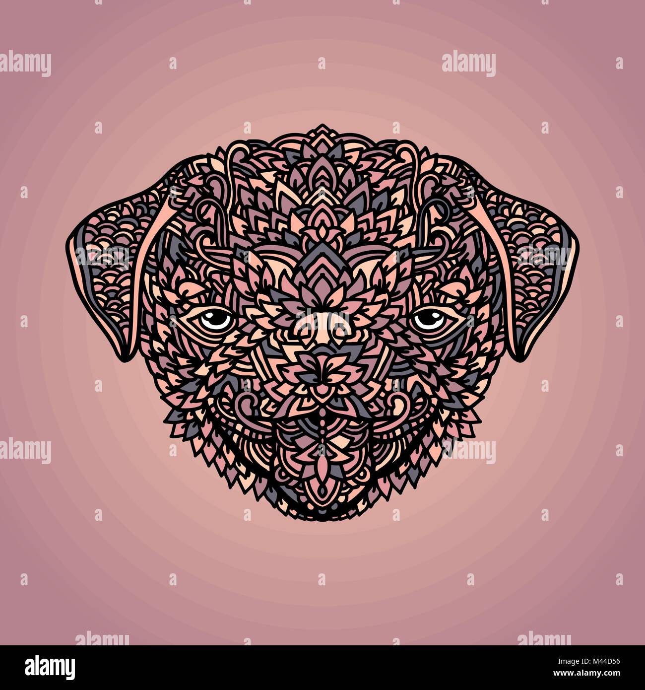 Pug with ethnic floral ornaments for adult coloring book. Zentagle pattern. Vector doodle illustration. Portrait of a cute pet. Stock Vector