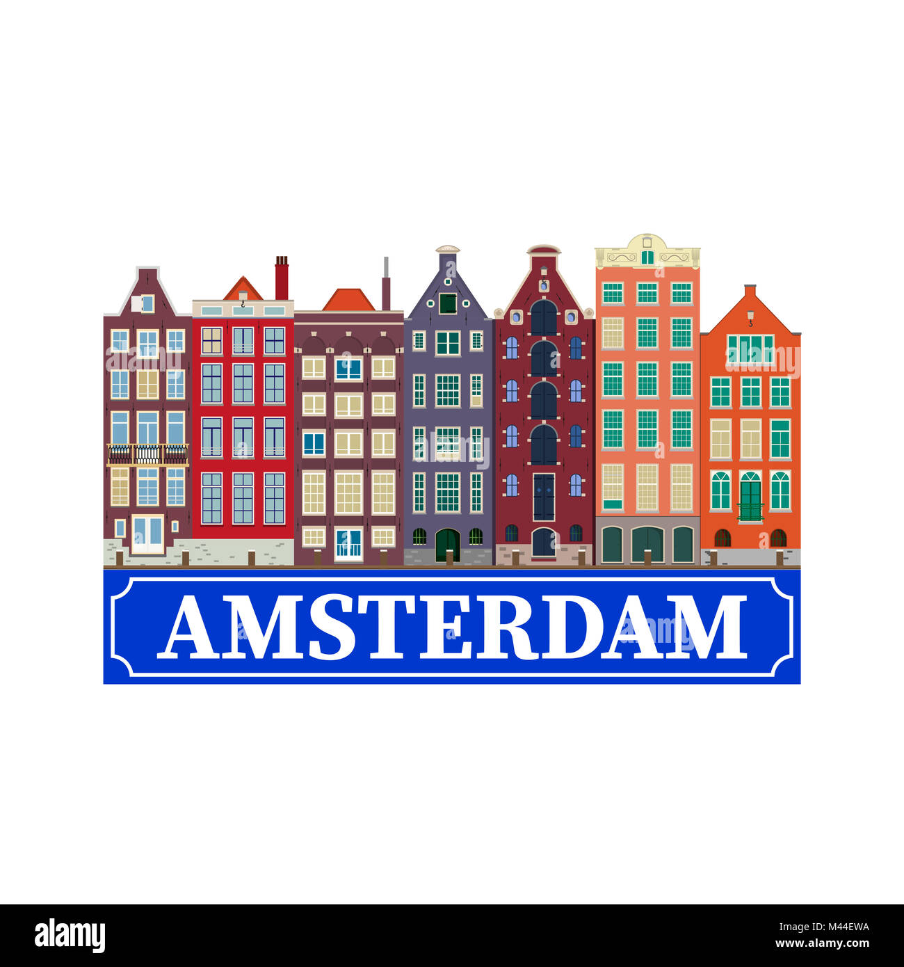 Colorful vector illustration, city view of Amsterdam canal and typical dutch houses. Holland, Netherlands. Stock Photo