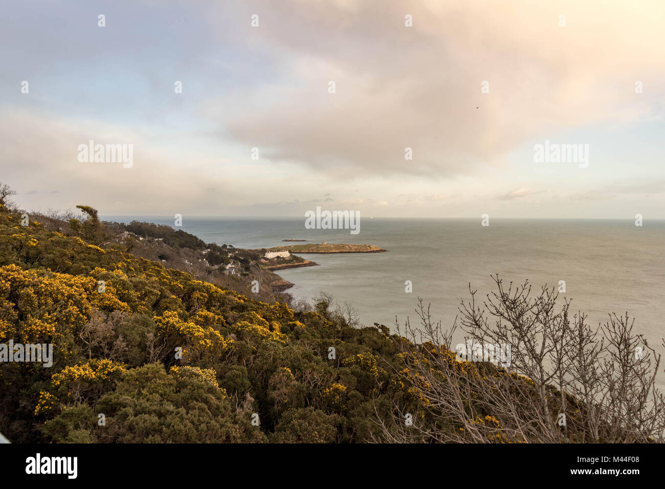 A view of Sorrento Terrace and Dalkey Island from Killiney Hill. Sorrento terrace boasts some of the most expensive houses in Ireland. Stock Photo