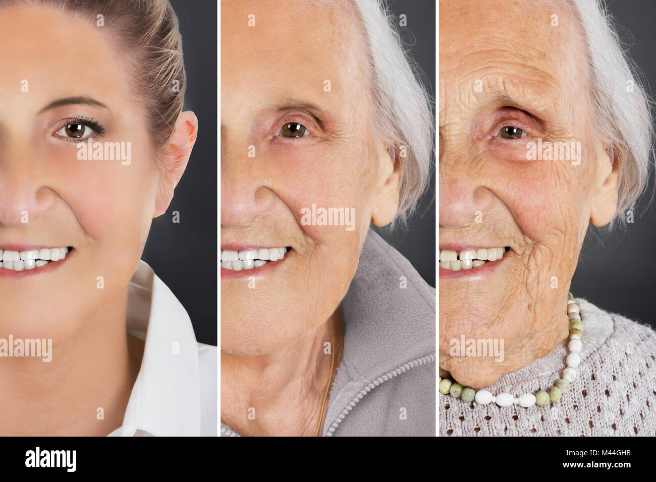 Multiple image showing ageing process of woman over gray background Stock Photo