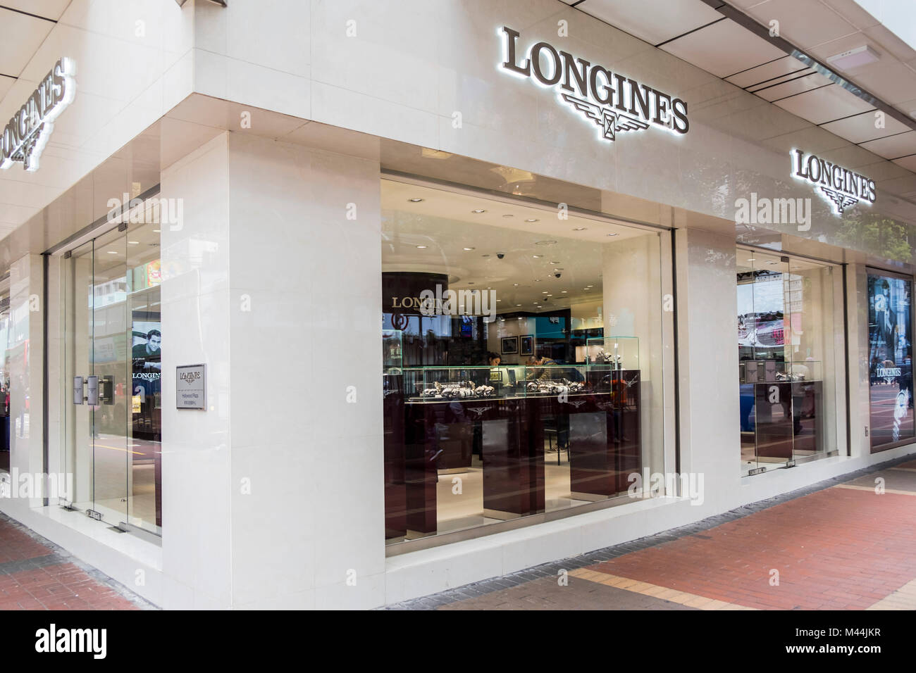 HONG KONG - FEBRUARY 4, 2018: Longines shop in Hong Kong. Longines is part of the Swatch Group. Longines was founded in 1832. Stock Photo