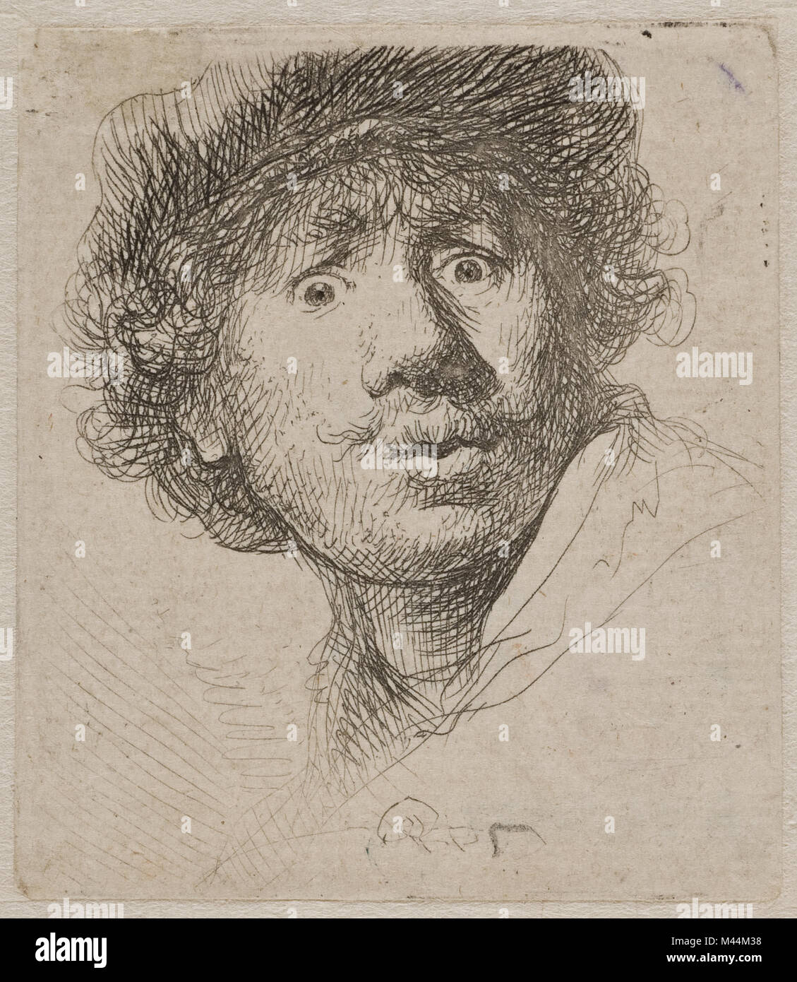 Selfportrait in a cap, with eyes wide open, etching and burin, 1630