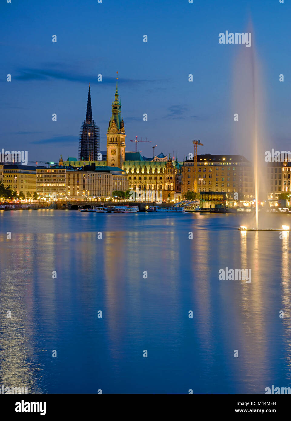 Downtown Hamburg with the Binnenalster lake at daw Stock Photo