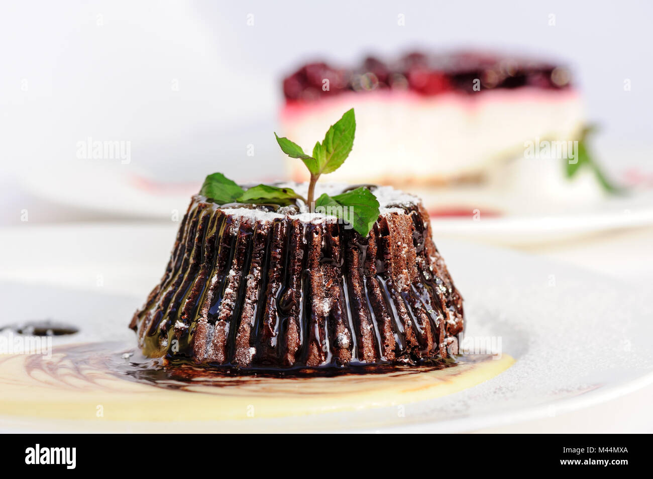 Chocolate fondant with peppermint leaves Stock Photo