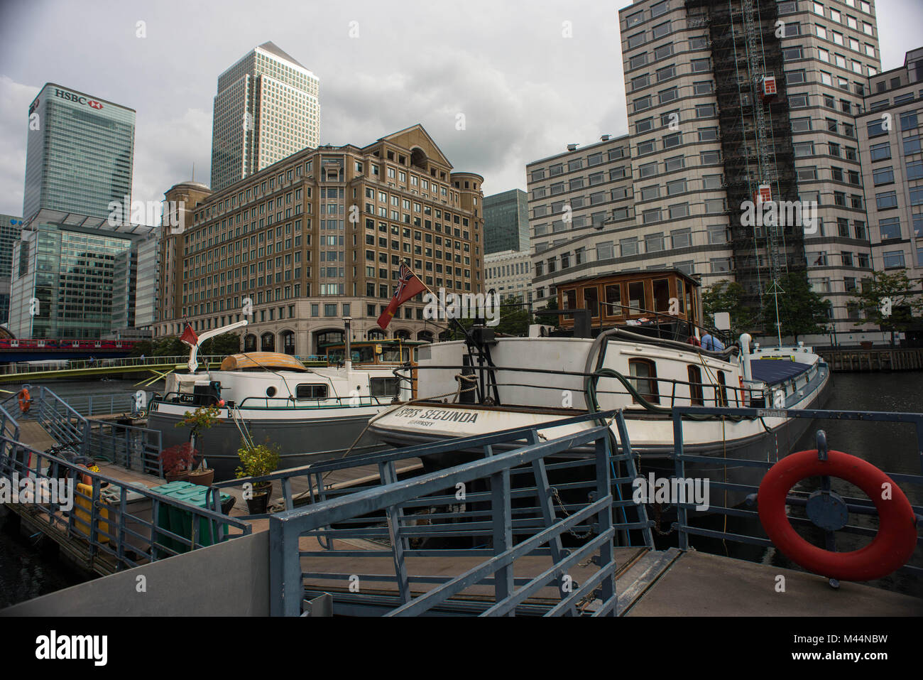 London, United Kingdom. West India Dock. Canary Wharf finantial district, Tower Hamlet. Stock Photo