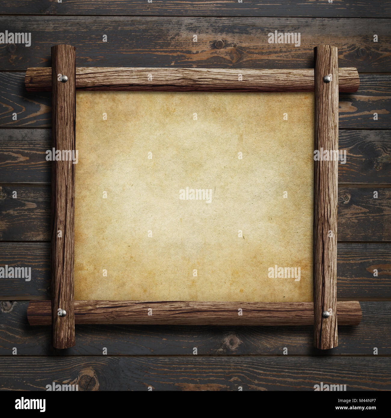 old wooden frame with paper or parchment on wood background 3d illustration Stock Photo