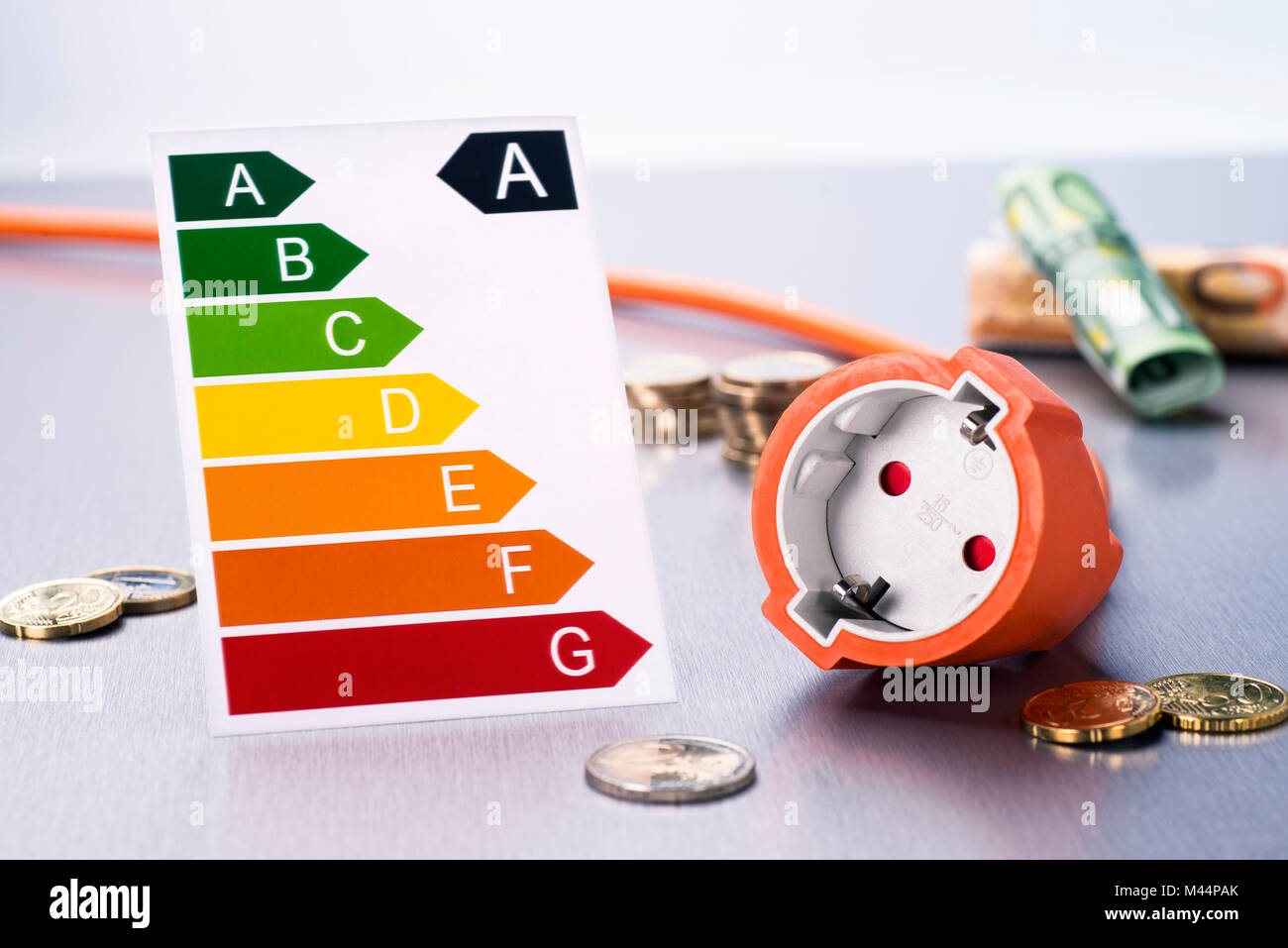 Socket with energy label and money Stock Photo