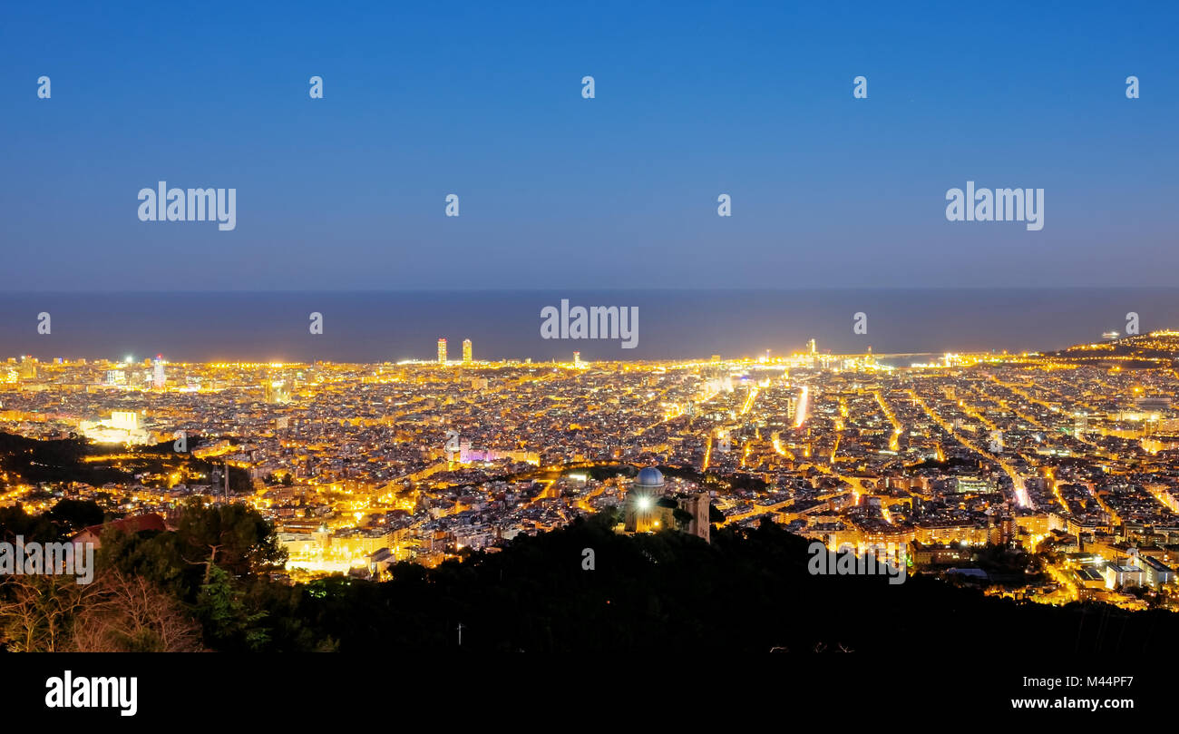 View over Barcelona at night seen from Mount Tibid Stock Photo