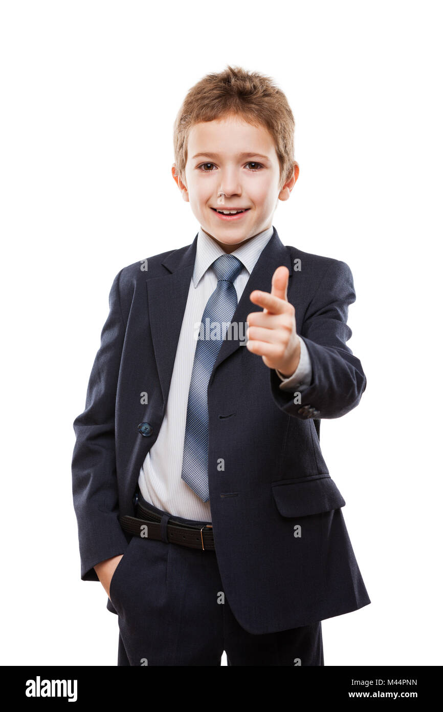Smiling child boy in business suit index finger po Stock Photo