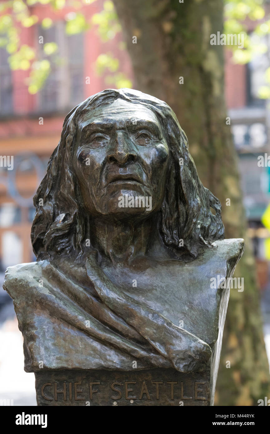 Bronze bust of Chief Seattle in Pioneer Square, Seattle, Washington