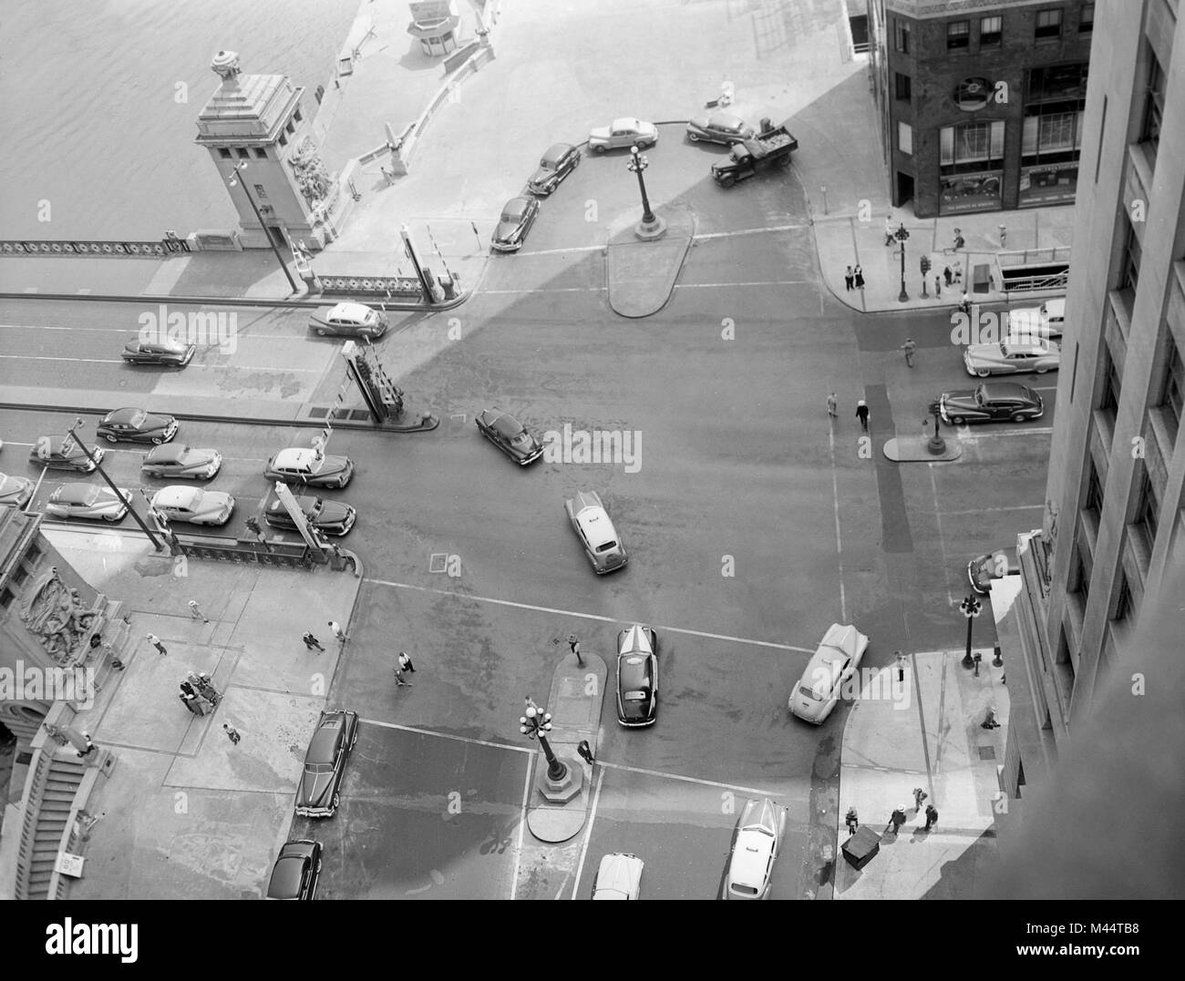 Aerial view of the intersection of Michigan Avenue and Wacker Drive in downtown Chicago, ca. 1948. Stock Photo