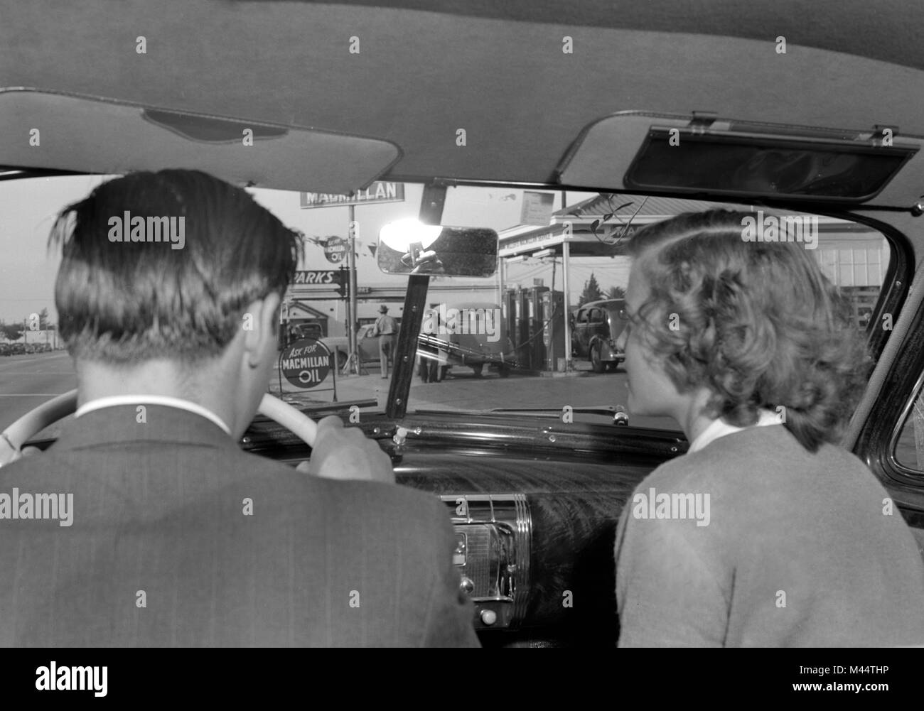 Windshield view of a gas station, ca. 1946. Stock Photo