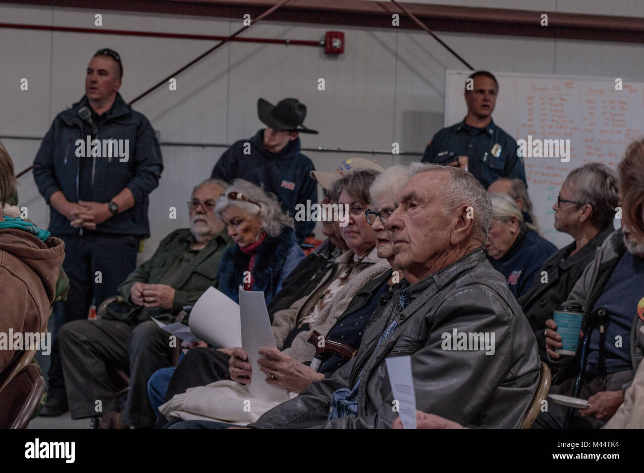 Contentious meeting on 02-13-2018 in small rural town of Julian in San Diego county, Julian Volunteer Fire Department board meeting is attended by con Stock Photo