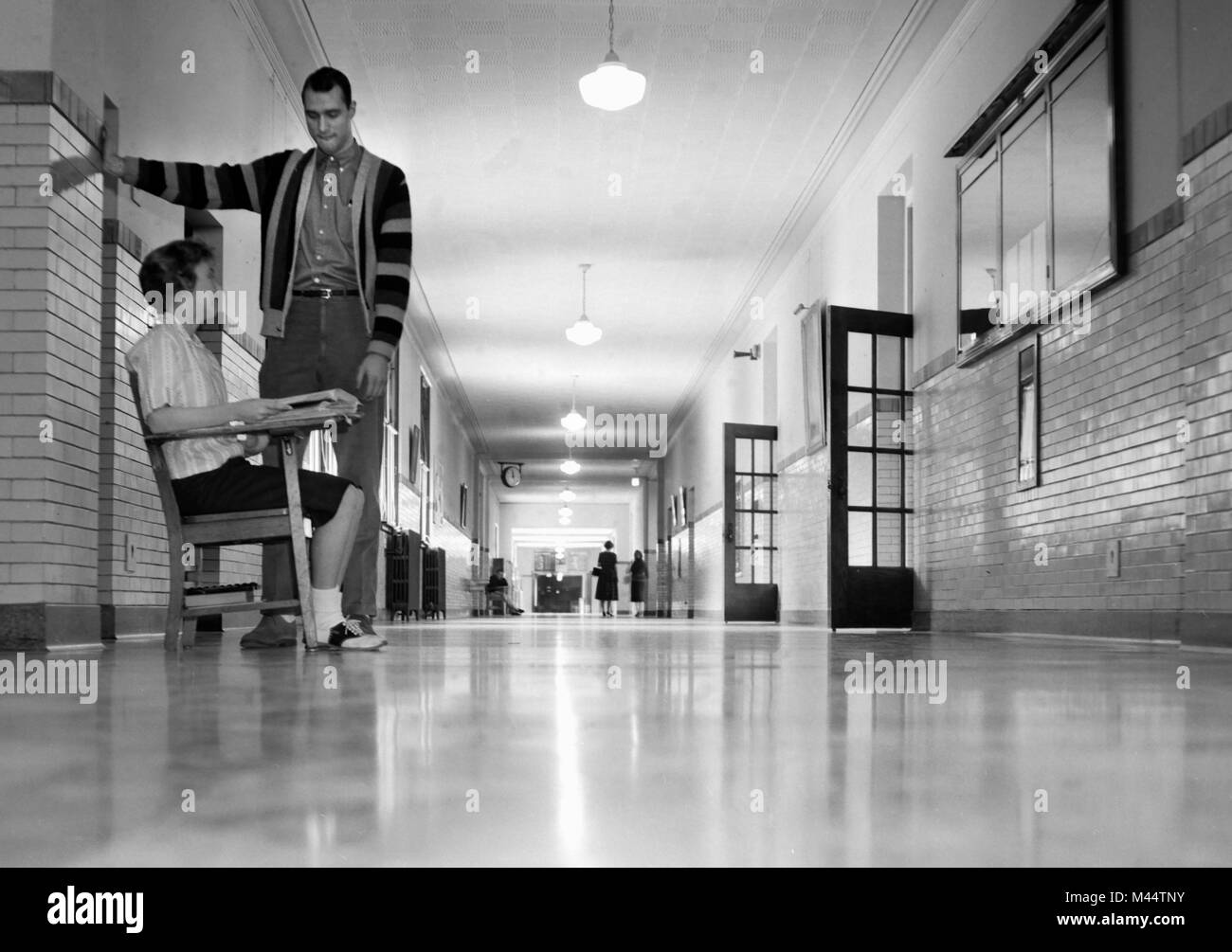 High school hallway in suburban Chicago, ca. 1952. Stock Photo