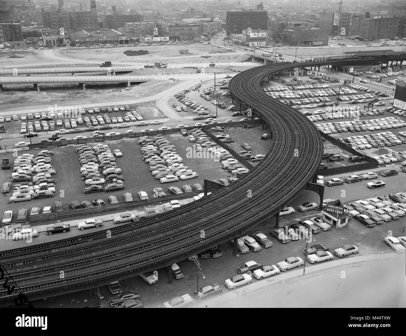 Road construction in downtown Chicago for the Kennedy Expressway, ca. 1960. Stock Photo