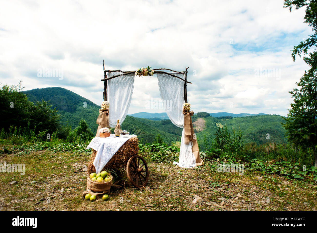Wedding Arch Decorated In Rustic Style And Mountains On The Stock