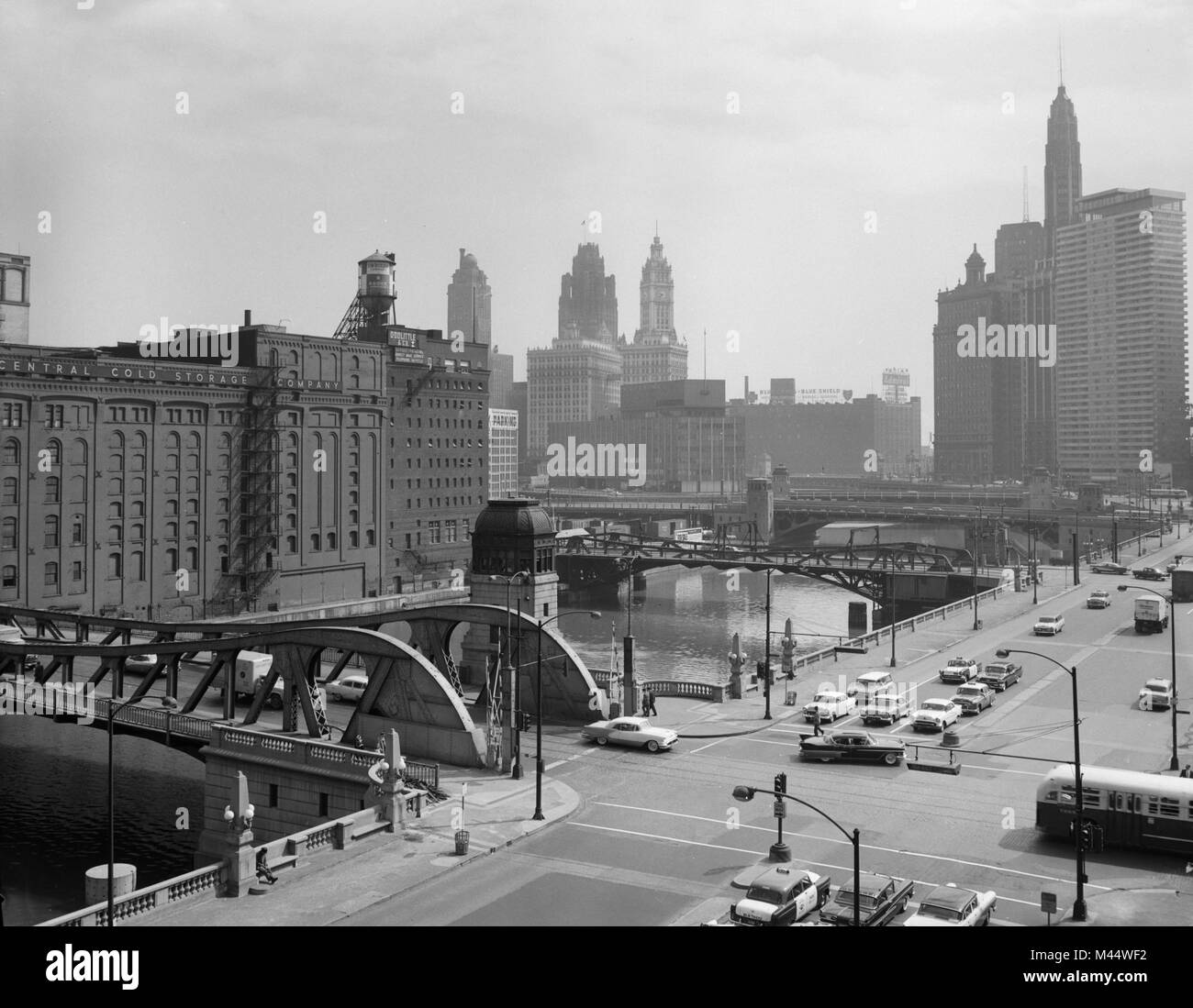 View of Chicago looking east over the Chicago River, ca. 1960. Intersection in foreground is the intersection of Clark  St. and Wacker Drive. Stock Photo