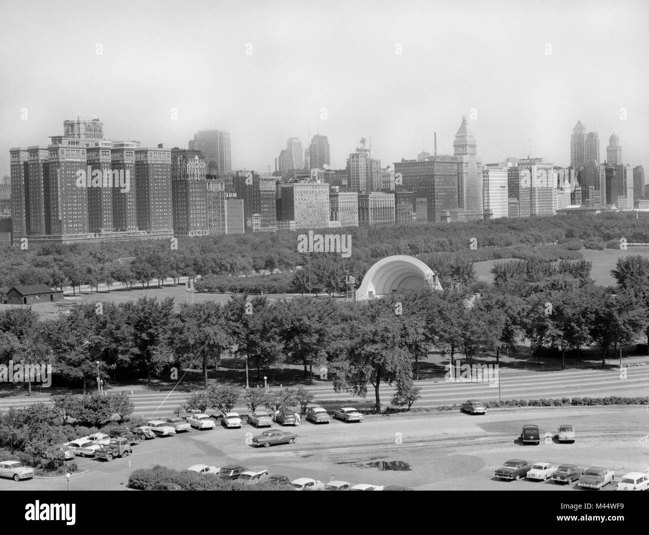 View from the Field Museum over Grant Park to the buildings lining South Michigan Avenue in Chicago, ca. 1960. Stock Photo