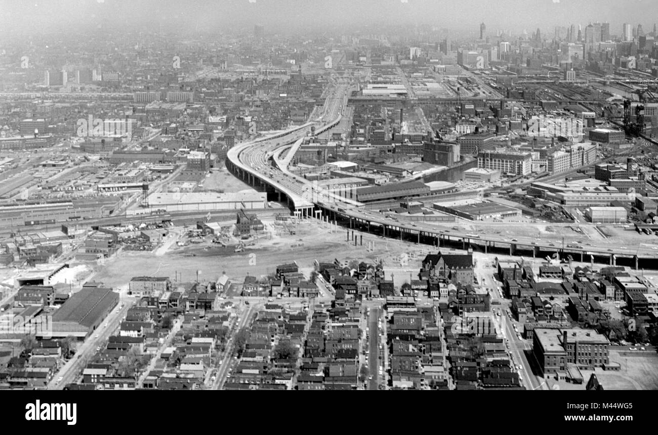 North looking aerial view of the intersection of the Dan Ryan Expressway and the under-construction Southwest Expressway (Stevenson Expressway) in the early 1960s. Stock Photo