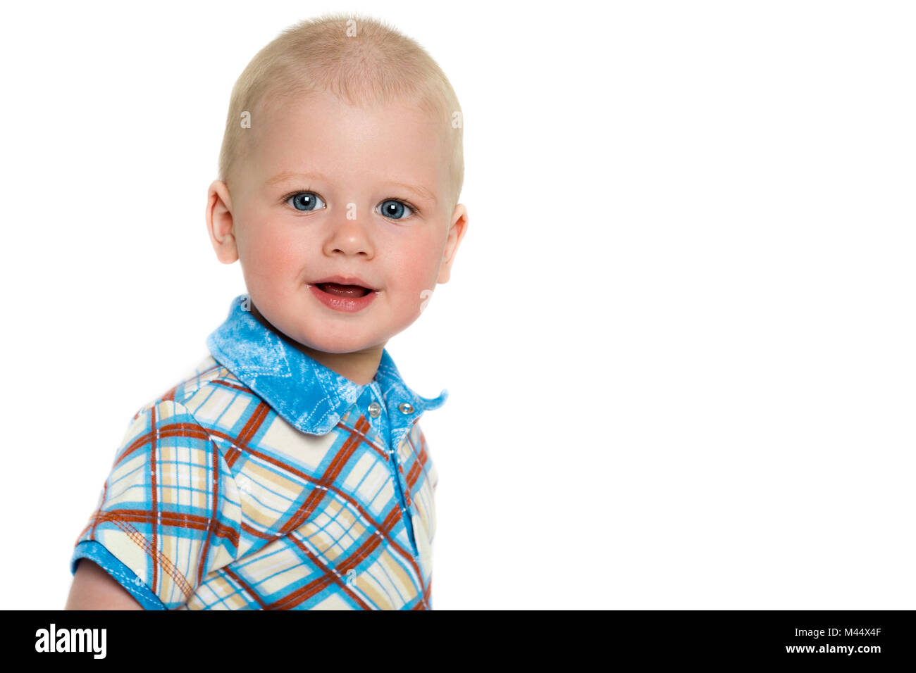 Portrait of a beautiful smiling little boy on a white background Stock ...