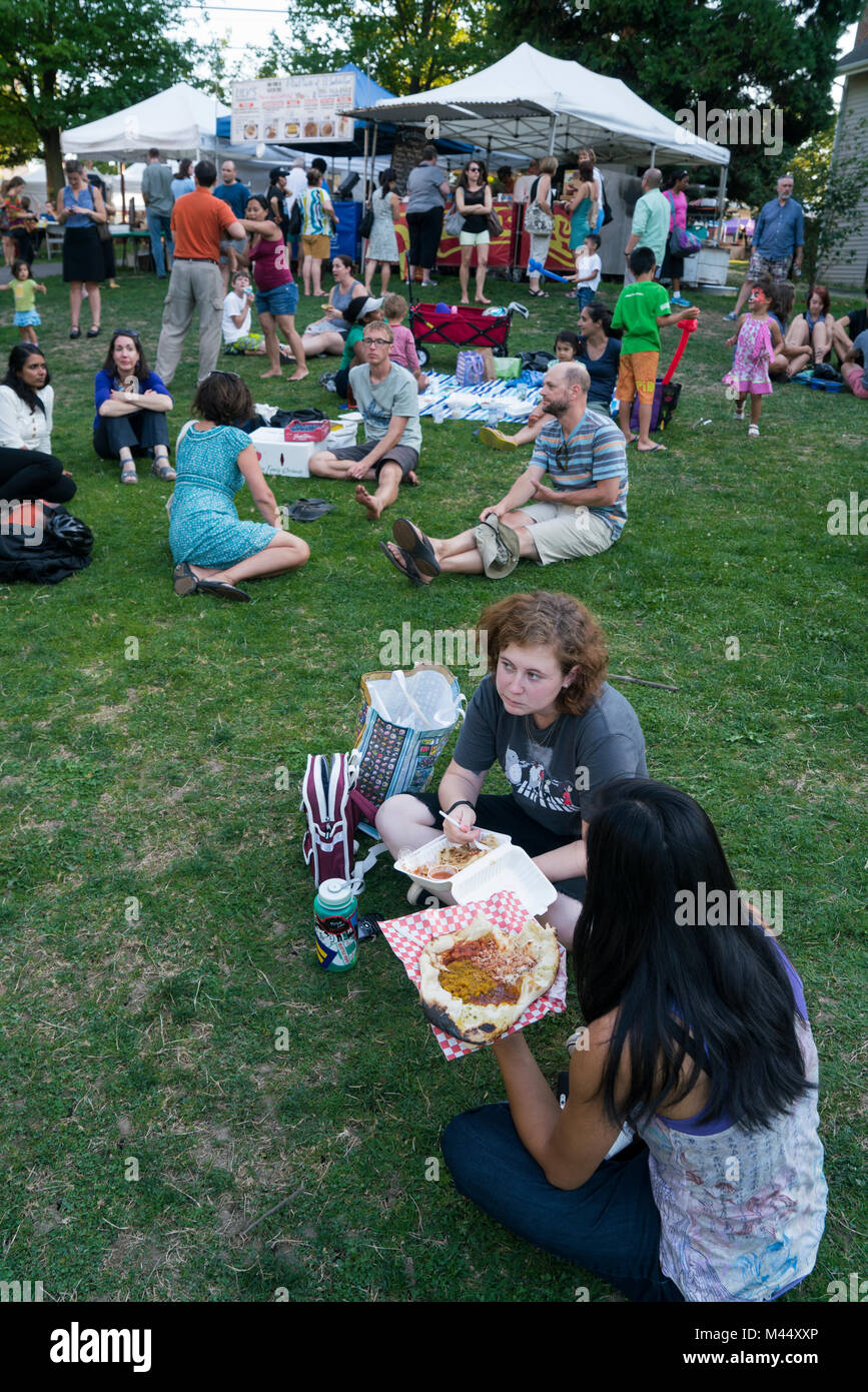 Picnic in the park on the Farmers Market day, Columbia City, Seattle, Washington Stock Photo