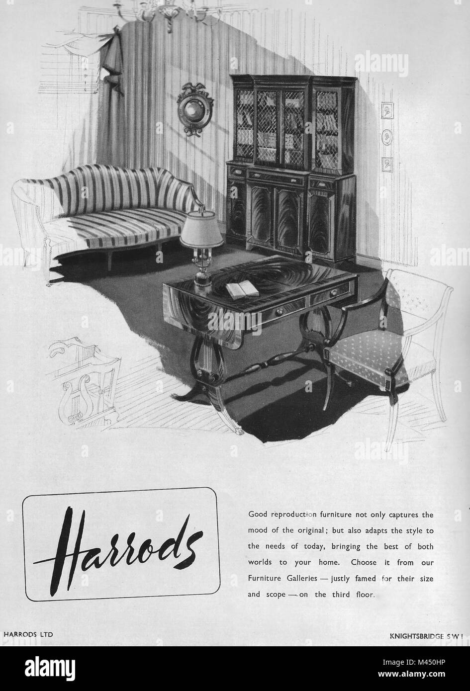 Harrods department store furniture advert, advertising in Country Life magazine UK 1951 Stock Photo