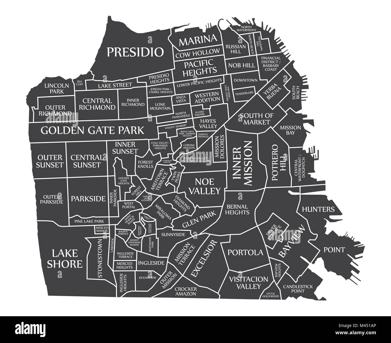 San Francisco city map USA labelled black illustration Stock Vector