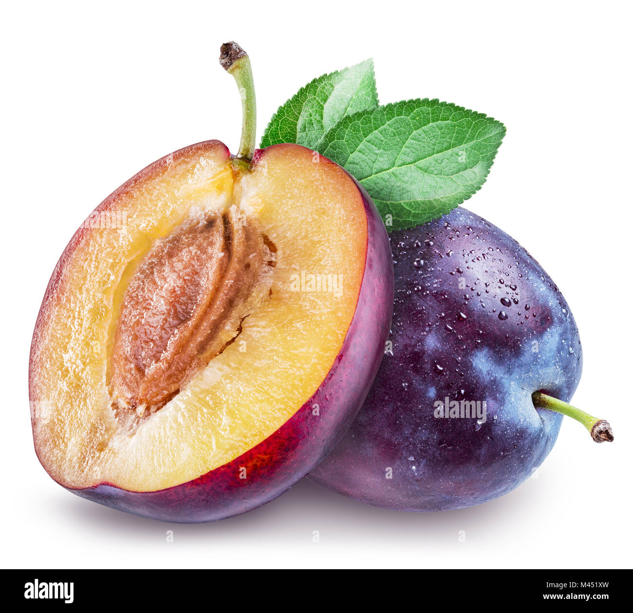 Plums with water drops. File contains clipping path. Stock Photo