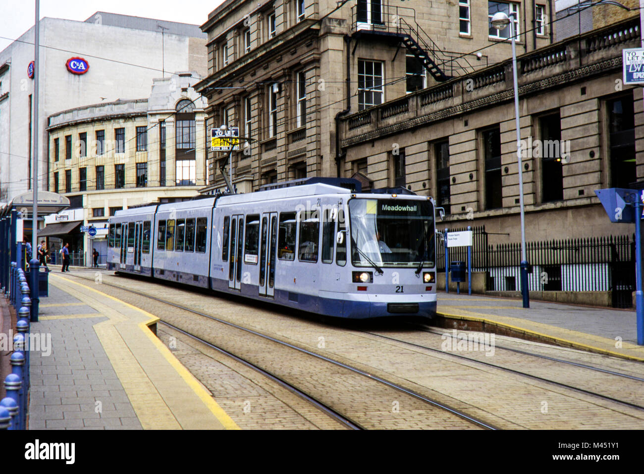 Sheffield Super Tram No21 with original livery on route to Meadowhall. Image taken in August 1996 Stock Photo