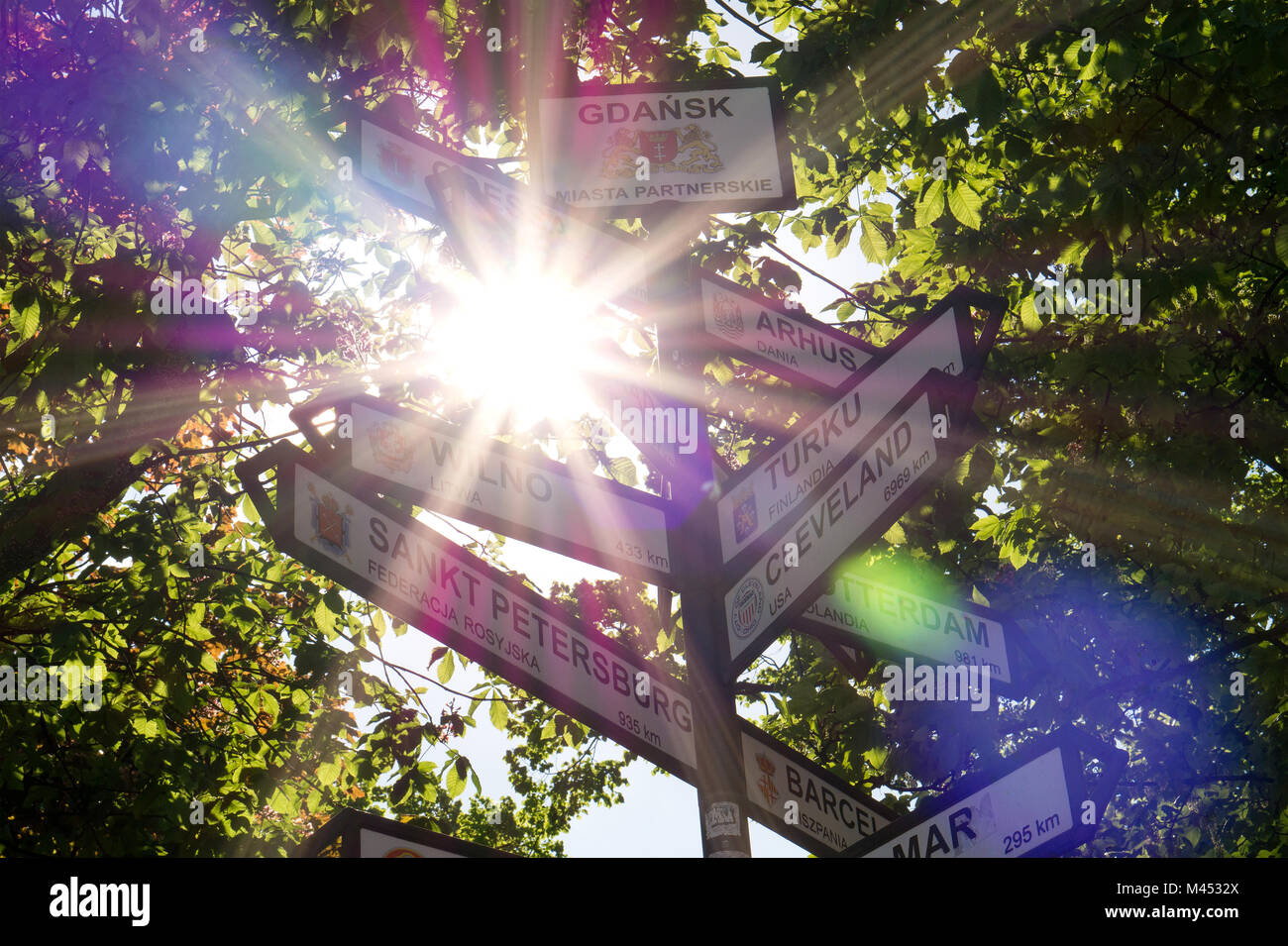 Multi direction sign in Gdansk showing the distance to the city's twin
