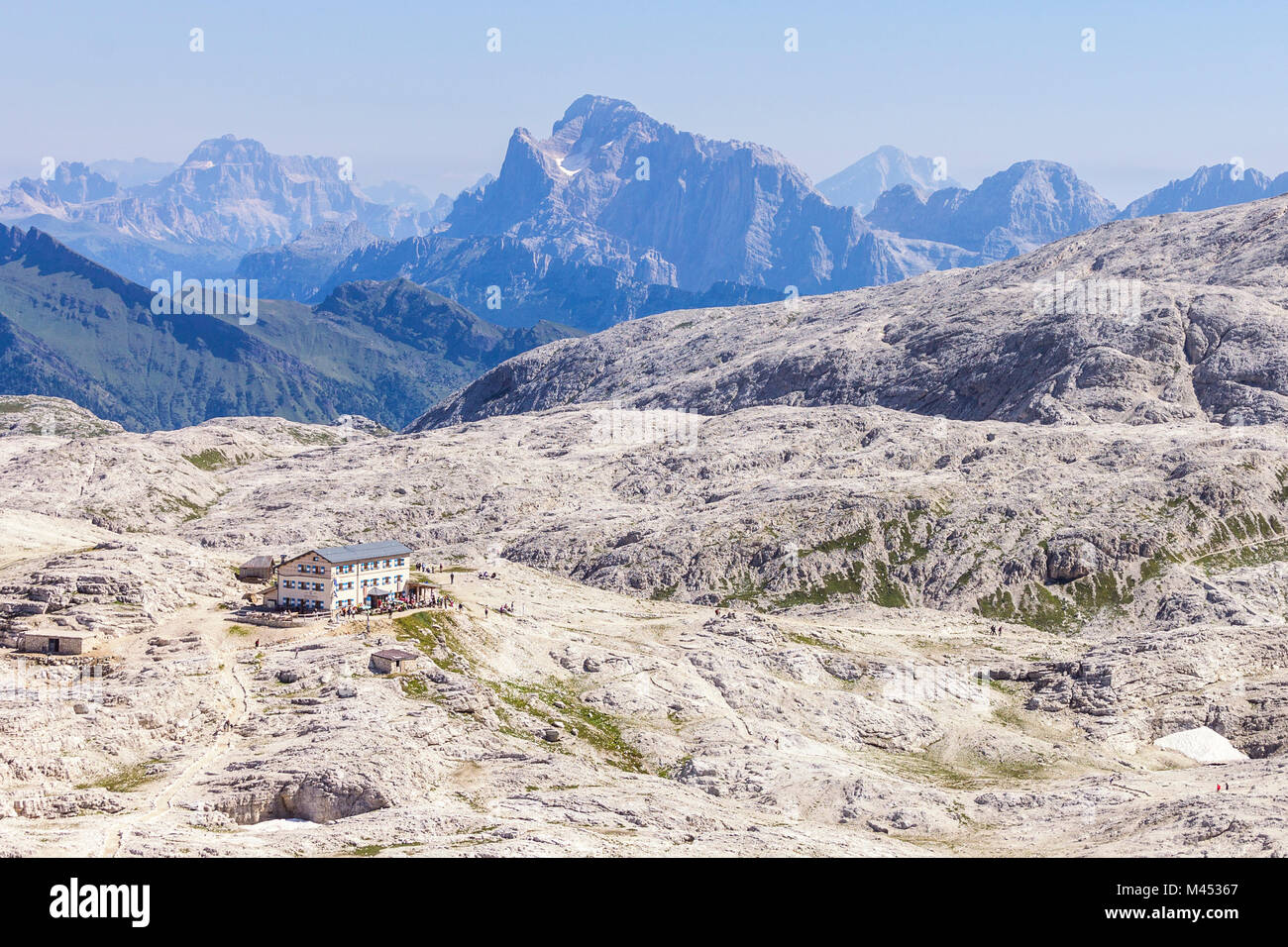 Rosetta refuge, Rosetta mount, Pale di San Martino Dolomites, Trento province, Trentino Alto Adige, Italy, Europe Stock Photo