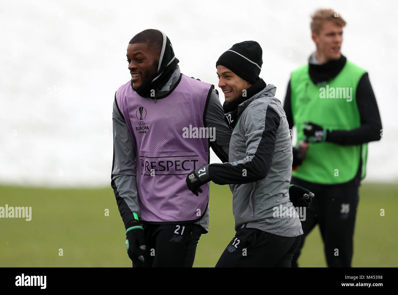 Celtic's Olivier Ntcham (left) and team mate Christian Gamboa during the training session at Lennoxtown, Glasgow. Stock Photo