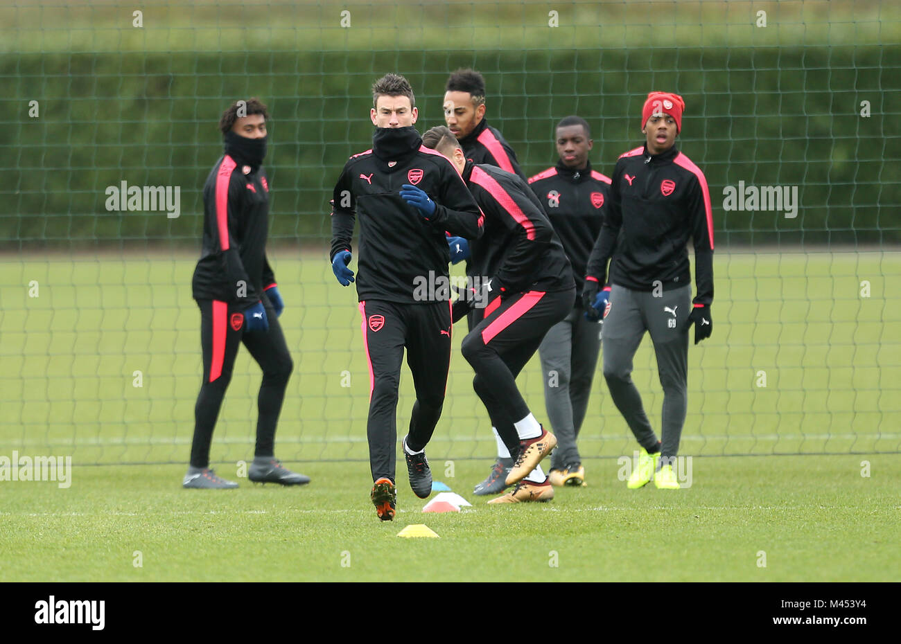 Arsenal's Laurent Koscielny (centre) during the training session at London Colney, Hertfordshire. PRESS ASSOCIATION Photo. Picture date: Wednesday February 14, 2018. See PA story SOCCER Arsenal. Photo credit should read: Steven Paston/PA Wire Stock Photo