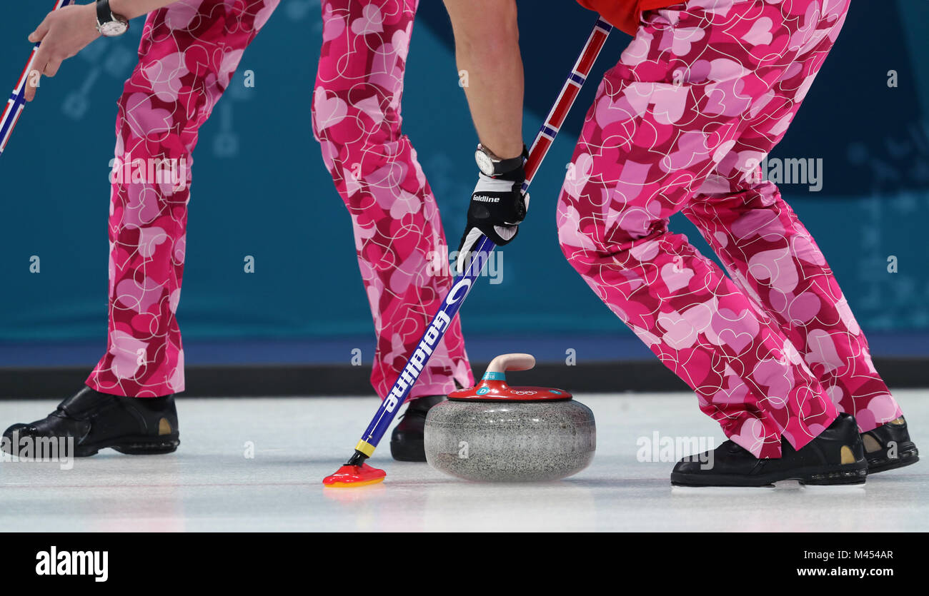 The Norwegian Men's Curling team sport Valentines Day themed trousers during the Men's Round Robin Session 2 match against Japan at the Gangneung Curling Centre during day five of the PyeongChang 2018 Winter Olympic Games in South Korea. Stock Photo
