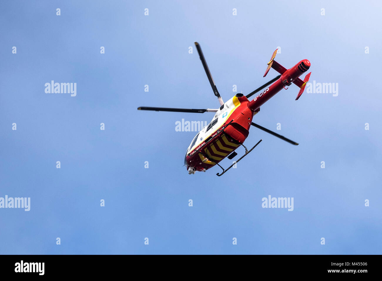 The Cornwall Air Ambulance helicopter McDonnell Douglas MD 902 Explorer  flying overhead. Stock Photo