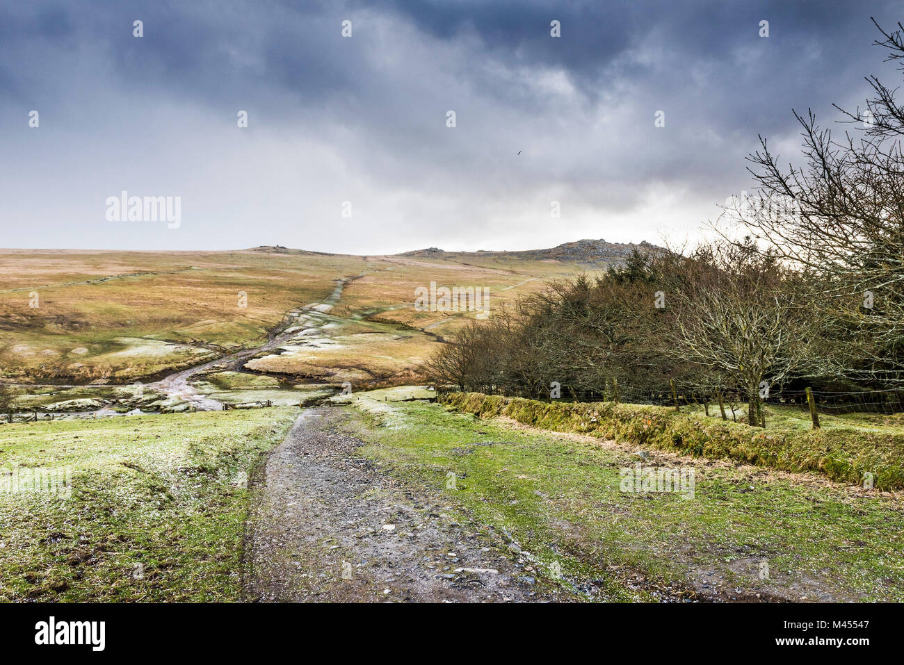 Wintry weather at Rough Tor on Bodmin Moor in Cornwall. Stock Photo