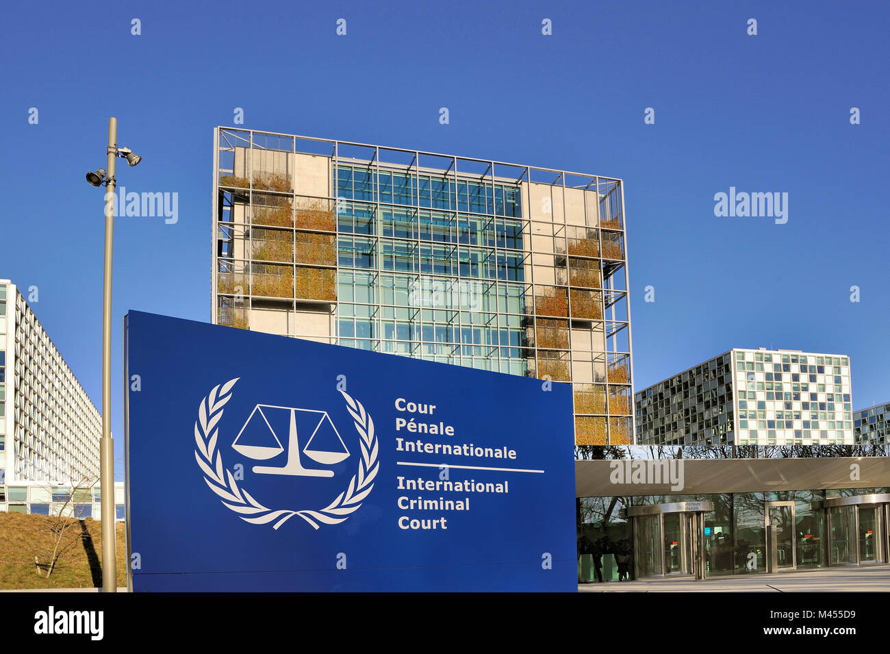 The Hague, Netherlands - February 14,2018; The International Criminal Court entrance sign at the ICC building. February 14,2018 The Hague, Netherlands Stock Photo