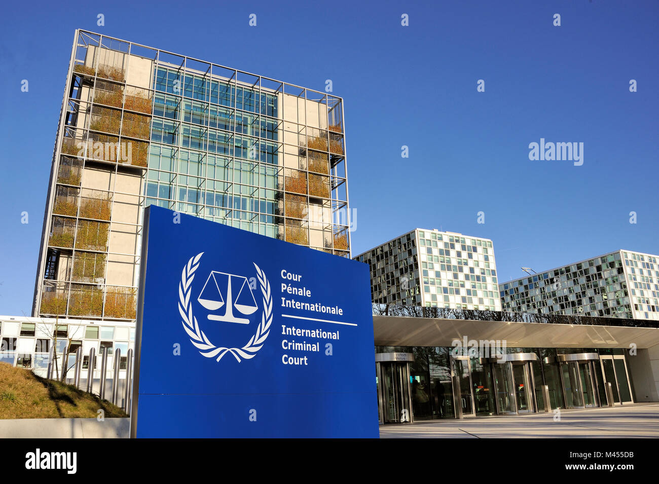 The Hague, Netherlands - 14 February 2018: The International Criminal Court entrance sign at the ICC building. Stock Photo